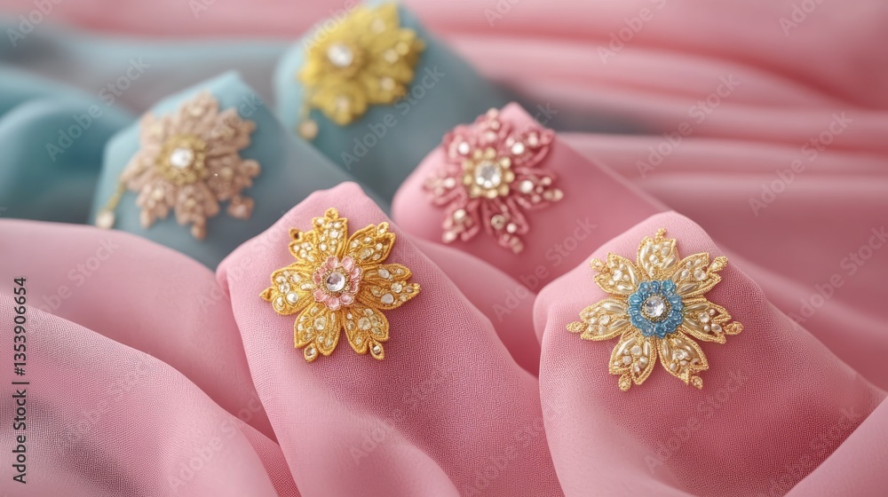 A soft-focus image of children's hijab accessories, featuring delicate brooches. A soft-focus image of children's hijab accessories, featuring delicate brooches.