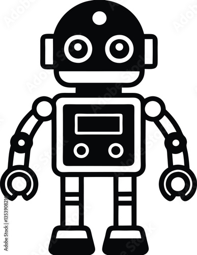 Black & White Icon of Retro Robot Toy with Bold Lines, Geometric Shapes and Round Details