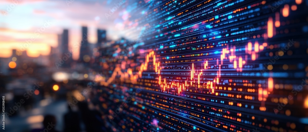 Vibrant Digital Stock Market Graph Overlaying Blurred Cityscape at Sunset Showcasing Dynamic Data Streams and Fluctuating Market Trends Effectively Vibrant Digital Stock Market Graph Overlaying Blurred Cityscape at Sunset Showcasing Dynamic Data Streams and Fluctuating Market Trends Effectively