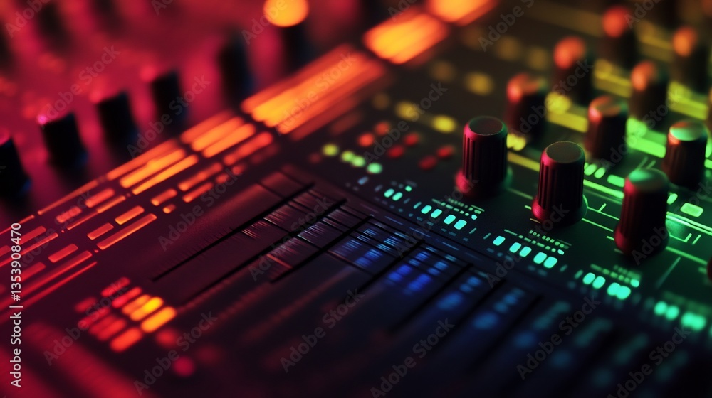 Vibrant Symphony: A Close-Up of a Music Mixer's Illuminated Controls Vibrant Symphony: A Close-Up of a Music Mixer's Illuminated Controls