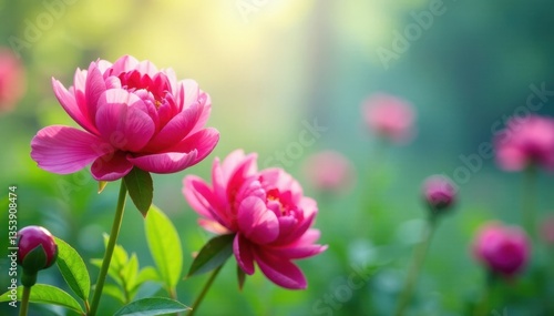 Fototapeta Naklejka Na Ścianę i Meble -  Colorful peonies swaying gently in spring breeze, delicate, peonies