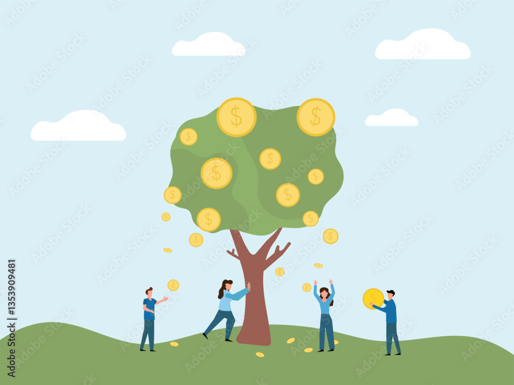 Many characters picking golden coin from green tree with many coins . money coin investment and profit concept. Many characters picking golden coin from green tree with many coins . money coin investment and profit concept.
