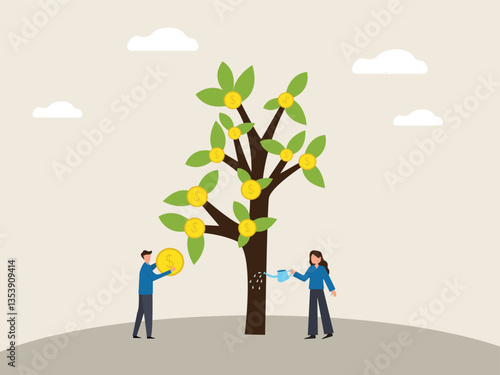 Characters picking coin and watering money coins green tree with many coins . money investment and profit concept.