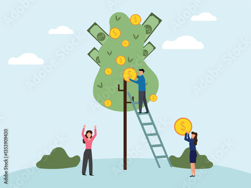 Characters picking golden coin from green tree with many coins . money coin investment and profit concept.