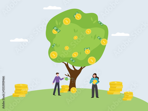 Characters picking coin and watering money coins green tree with many coins . money investment and profit concept.