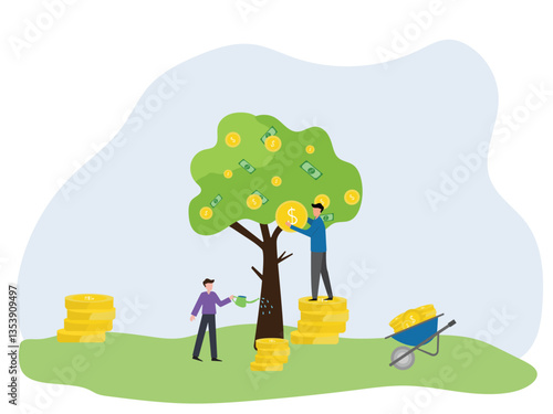 Characters picking coin and watering money coins green tree with many coins . money investment and profit concept.