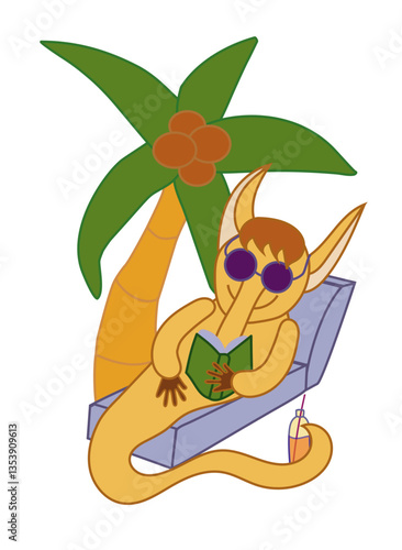 A happy cute orange monster in sunglasses, reading a book while relaxing in a chaise longue. Concept of summer. 