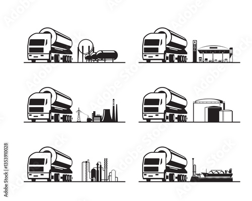 Tanker truck in different industries – vector illustration
