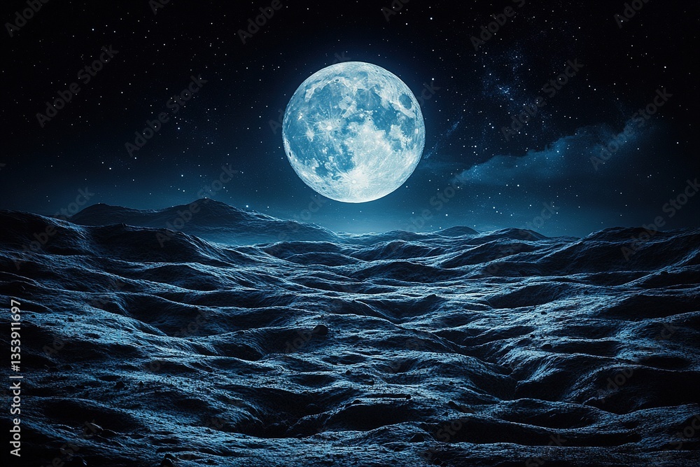 Moonlit dark landscape with starry sky above wavy horizon in deep night Moonlit dark landscape with starry sky above wavy horizon in deep night