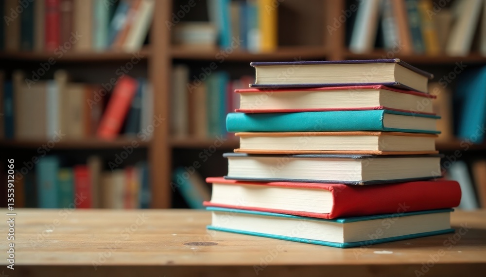 Colorful stacked books on a wooden table , books, library Colorful stacked books on a wooden table , books, library