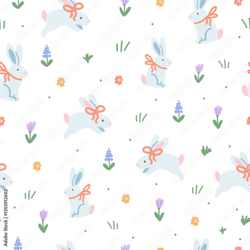 Naklejka premium Bunnies with Bows and Flowers Seamless Pattern