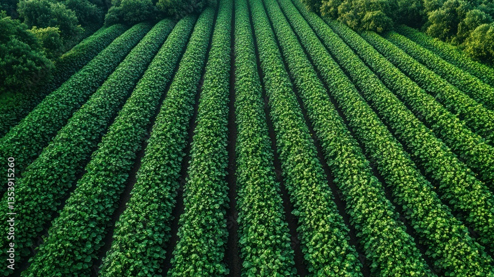 Aerial view of rows of lush green plants in a rural field Aerial view of rows of lush green plants in a rural field