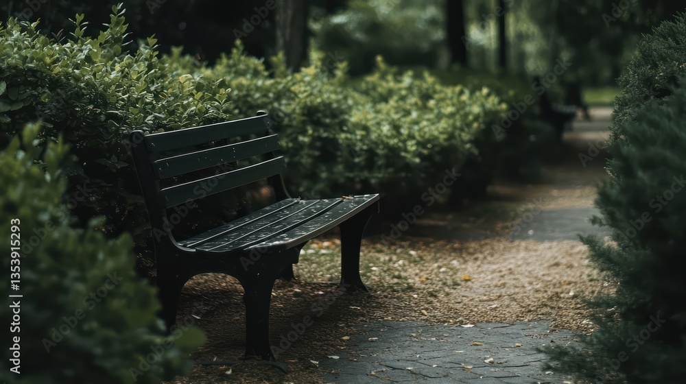 Park bench, serene path, green bushes, calm background, nature relaxation Park bench, serene path, green bushes, calm background, nature relaxation