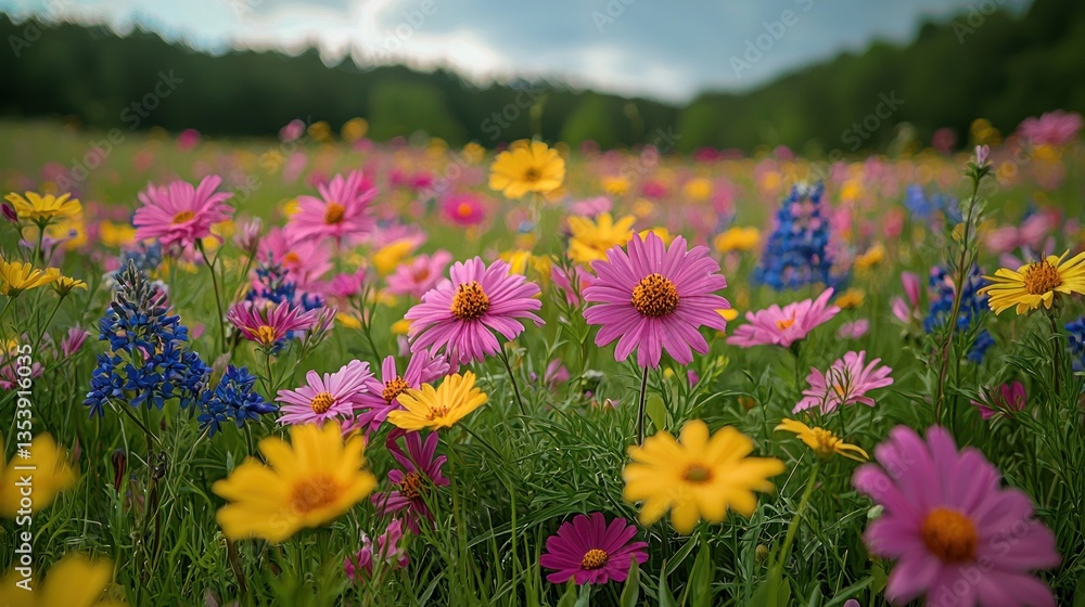 Fototapeta premium Vibrant wildflowers bloom in a lush meadow under a stormy sky