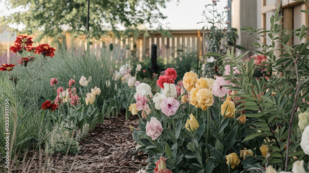 Fototapeta premium Colorful flower garden in full bloom during late afternoon sunlight