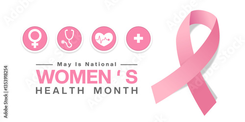 May is National Womens Health Month. Gender icon, stethoscope, heart, plus icon and ribbon. Suitable for posters, banners, social media and more. White background.