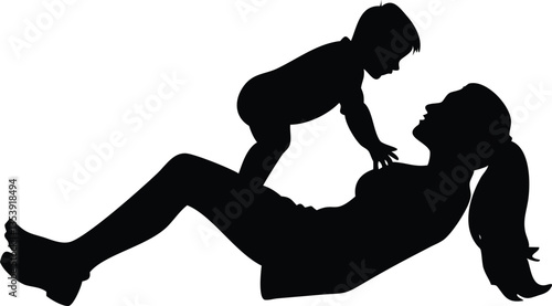 Mom lifting her little son up in the air vector silhouette