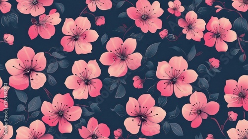 Wallpaper Mural Elegant pink flower pattern on a dark blue background, seamless and stylish.

 Torontodigital.ca