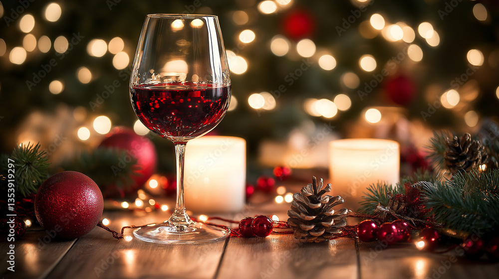 National Wine Day, Red wine glass with candles and festive decorations in the background, creating a cozy ambiance. AI Generated Images National Wine Day, Red wine glass with candles and festive decorations in the background, creating a cozy ambiance. AI Generated Images