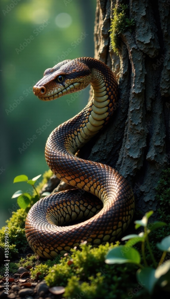 Fototapeta premium Colossal snake coiled around a tree trunk, animal, snake