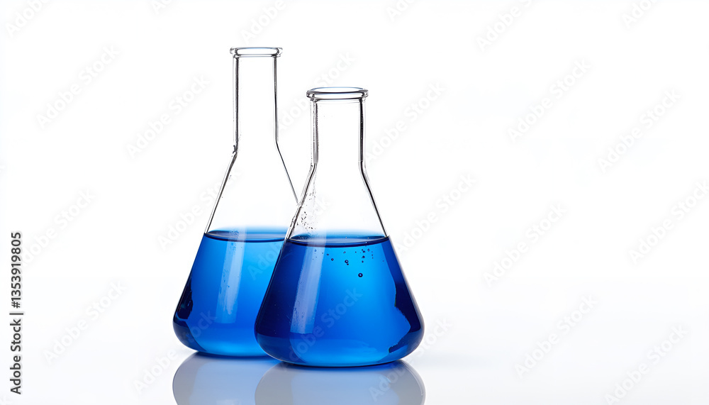 Flasks with blue liquid isolated on white. Laboratory glassware Flasks with blue liquid isolated on white. Laboratory glassware