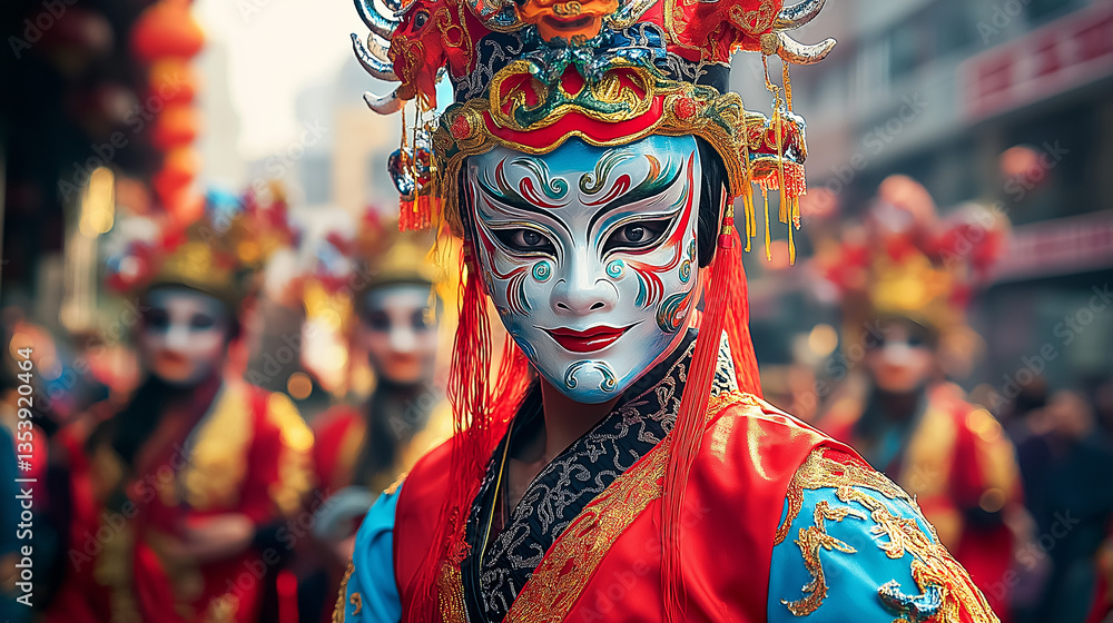 Fototapeta premium Tin Hau Festival, A performer with an elaborate face mask and costume during a traditional festival celebration. AI Generated Images