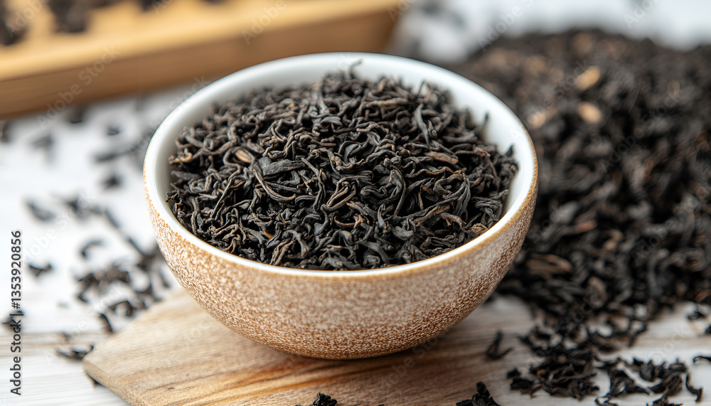 Refreshing black tea in a cup on a wooden table on a white background Refreshing black tea in a cup on a wooden table on a white background