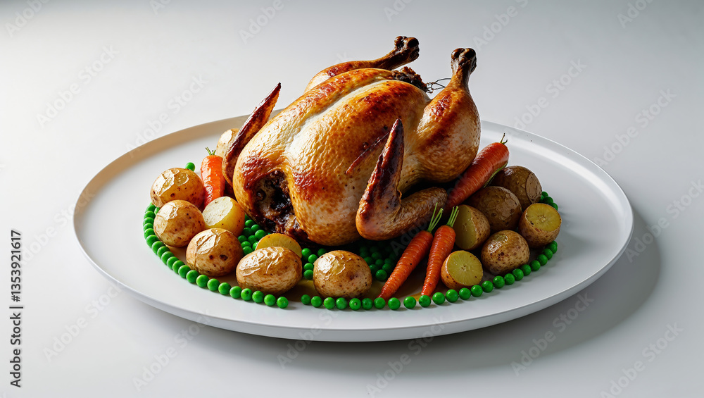 Roasted chicken resting on bed of peas with potatoes and carrots Roasted chicken resting on bed of peas with potatoes and carrots