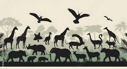 Animals Silhouette Scene Wildlife Background with Giraffe Elephant and Birds
