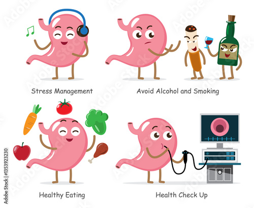 Healthy intestine cartoon characters . Consists of stress management, avoid alcohol and smoking, healthy eating, yearly check up by esophagogastroduodenoscopy (EGD) . Vector .