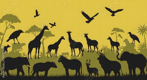 Silhouette Animals Group in Savannah Plain Graphic Wildlife Scene