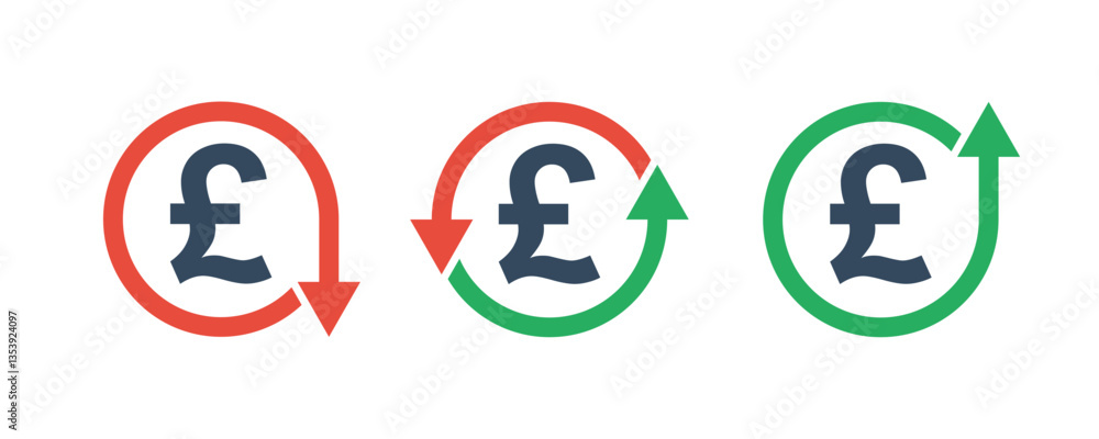 pound sterling currency symbol and round arrows up down, change costs marker, inflation growth or fall inflation indicator, tax up or down icon pound sterling currency symbol and round arrows up down, change costs marker, inflation growth or fall inflation indicator, tax up or down icon