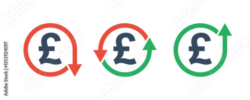 pound sterling currency symbol and round arrows up down, change costs marker, inflation growth or fall inflation indicator, tax up or down icon