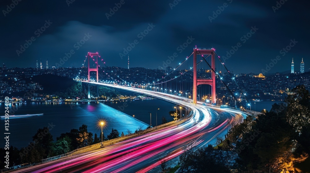 Bosphorus Bridge at Night: A mesmerizing view of Istanbul's iconic suspension bridge illuminated under the night sky, with light trails painting the cityscape.