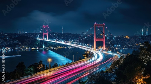 Obraz na płótnie Bosphorus Bridge at Night: A mesmerizing view of Istanbul's iconic suspension bridge illuminated under the night sky, with light trails painting the cityscape. w salonie