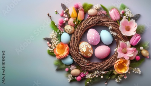 spring easter wreath with eggs and plant life eggs