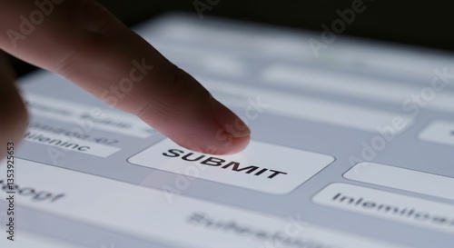 Finger pressing submit button on digital screen for online submission process