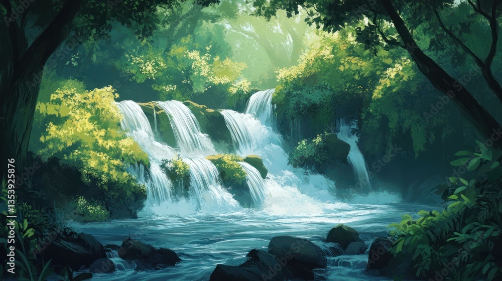 Serene river cascading through lush greenery, creating a peaceful and vibrant ecosystem Serene river cascading through lush greenery, creating a peaceful and vibrant ecosystem