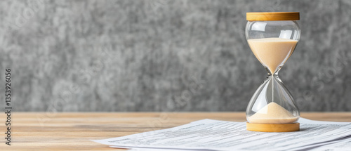 hourglass sits on tax documents symbolizing approaching deadline