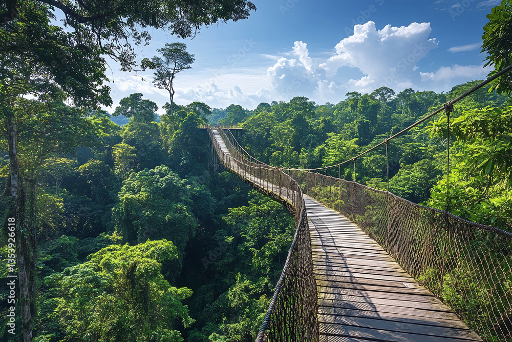 Fototapeta premium Nature trail through a tropical jungle with a wooden pathway surrounded by green foliage