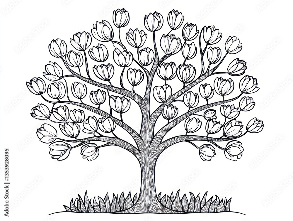 Fototapeta premium Detailed line drawing of a blossoming tree