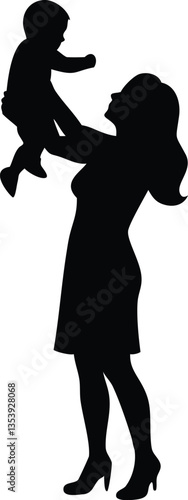 black silhouette mother lifting baby daughter