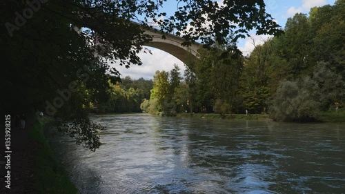 Aare River valley with Lorrainebrucke Bridge in Bern, Switzerland.