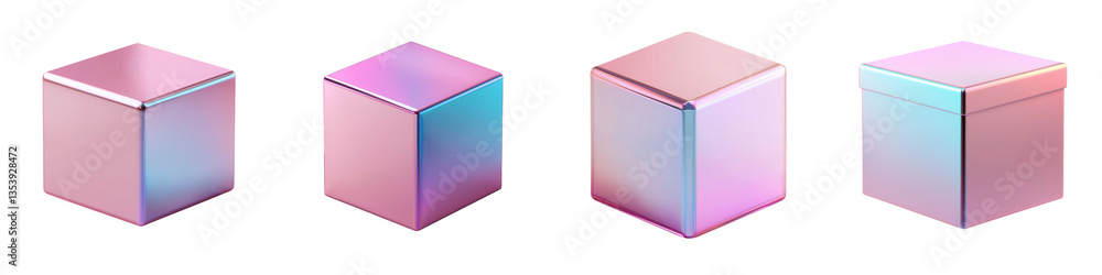 A group of four shiny gradient colored metallic cubes arranged in a minimalist conceptual composition A group of four shiny gradient colored metallic cubes arranged in a minimalist conceptual composition