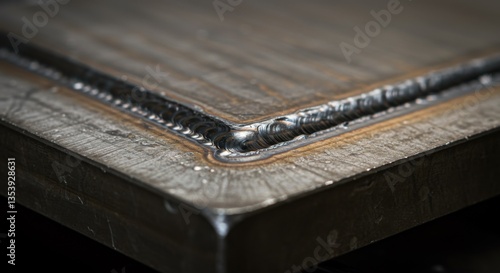 Close-up view of a clean metal weld seam at the corner of two steel plates. Industrial concept of welding, engineering, and fabrication
