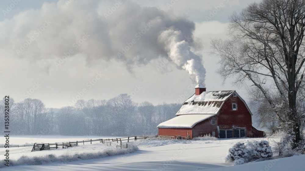 Winter's Embrace: A Snowy Farmscape with Red Barn Radiating Warmth and Serenity Winter's Embrace: A Snowy Farmscape with Red Barn Radiating Warmth and Serenity