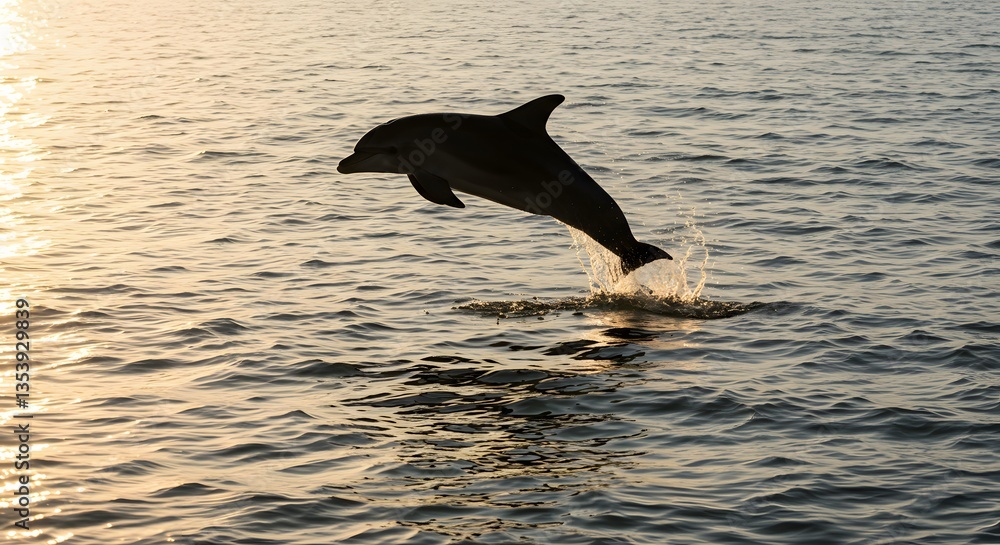 Fototapeta premium Dolphin Leaping From Ocean at Sunset Creating Splashing Water Silhouette