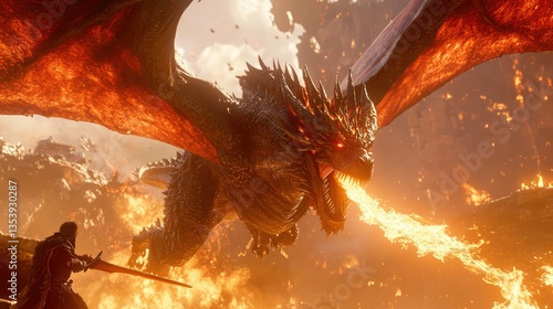 a close up of a dragon attacking a man with a sword