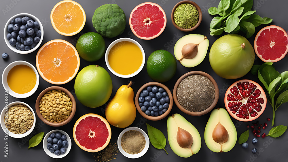 Vibrant Assortment of Fresh Fruits, Nuts, and Superfoods for a Healthy Diet Vibrant Assortment of Fresh Fruits, Nuts, and Superfoods for a Healthy Diet