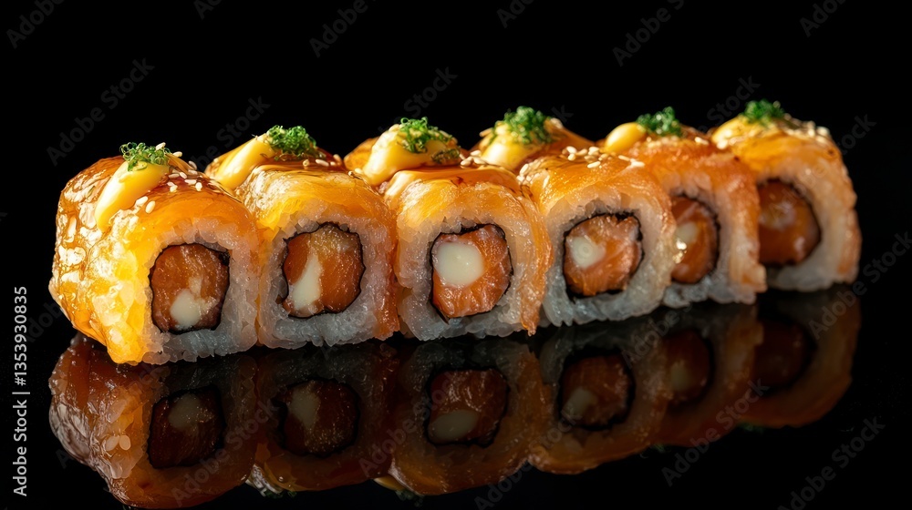 Delicious Sushi Rolls with Salmon and Cream Cheese on Black Background Delicious Sushi Rolls with Salmon and Cream Cheese on Black Background